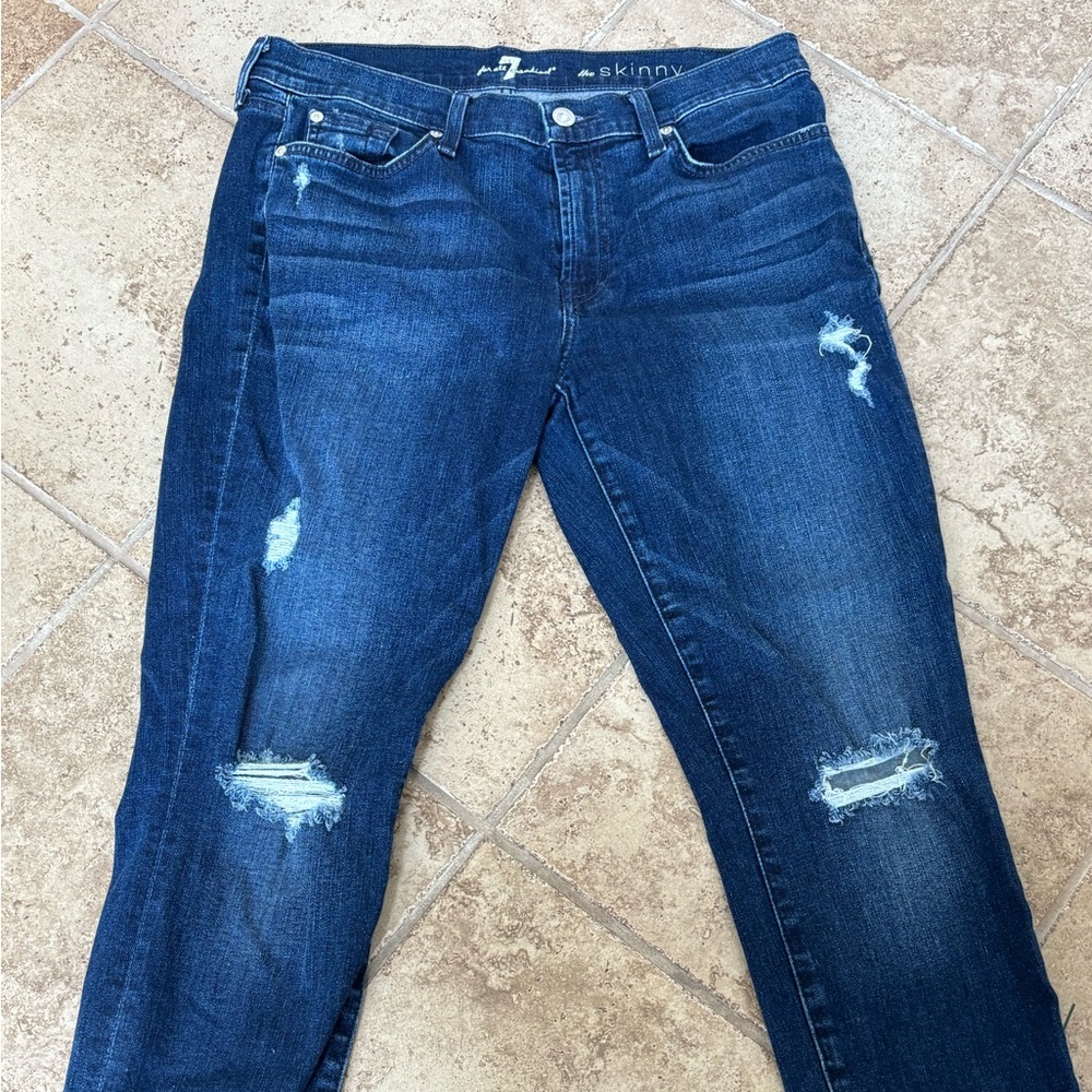 7 For All Mankind Blue Skinny Jeans with Distressed Details